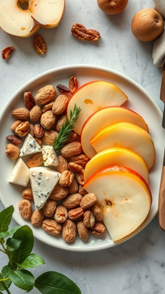 A plate of sliced apples and assorted cheeses with nuts.