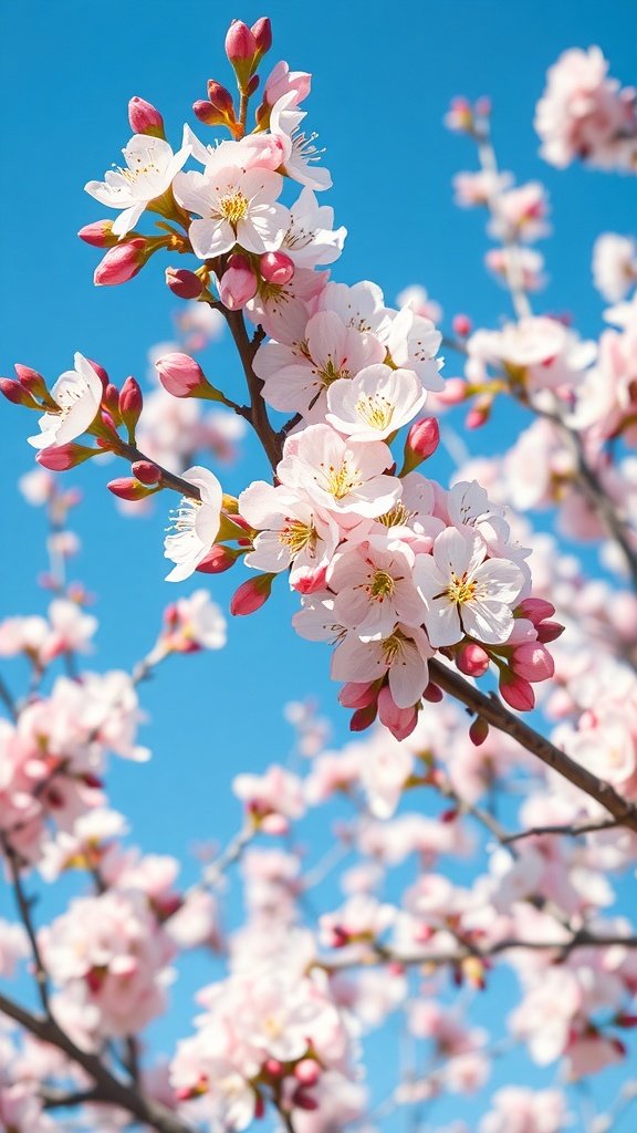Close-up of apple blossoms against a clear blue sky