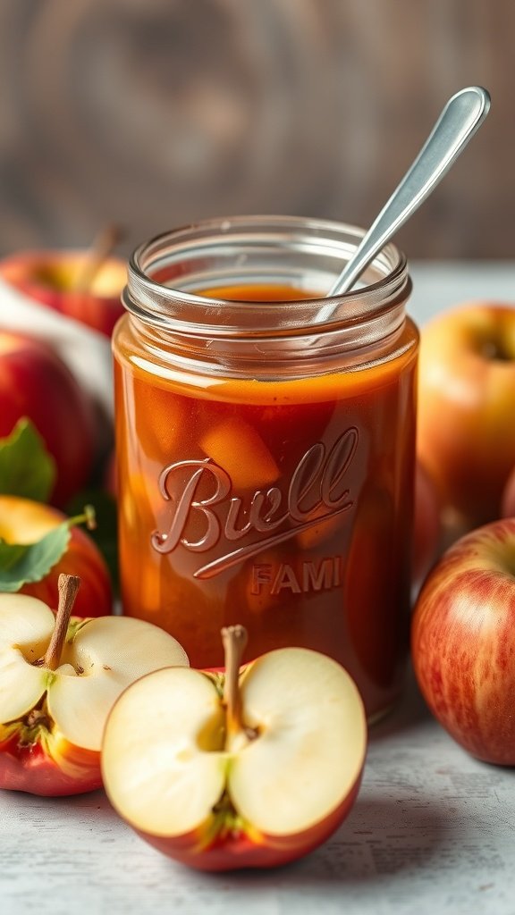 A jar of apple jam surrounded by fresh apples, showcasing the process of making homemade jam.