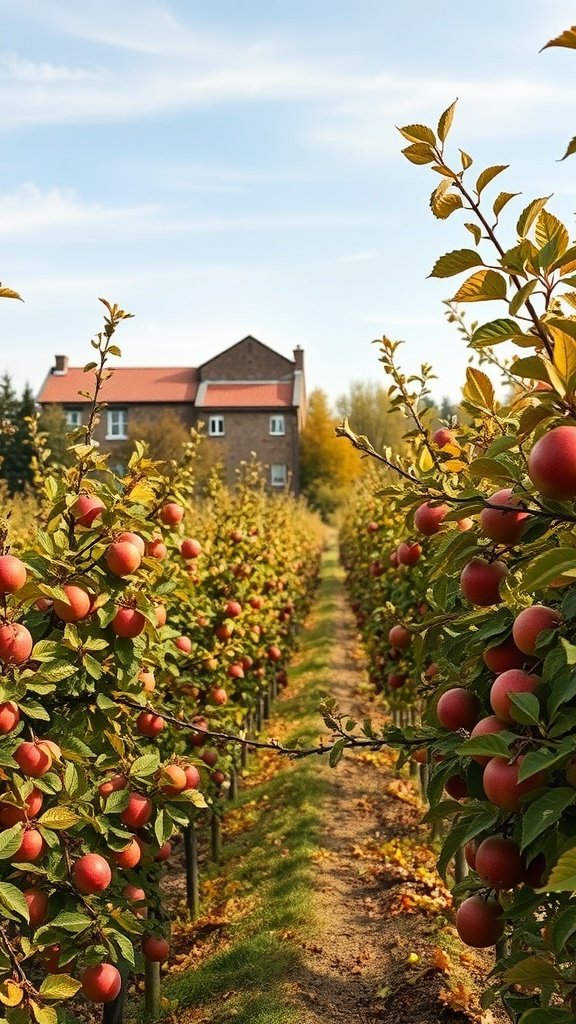 A picturesque apple orchard in autumn with ripe apples and a clear blue sky.