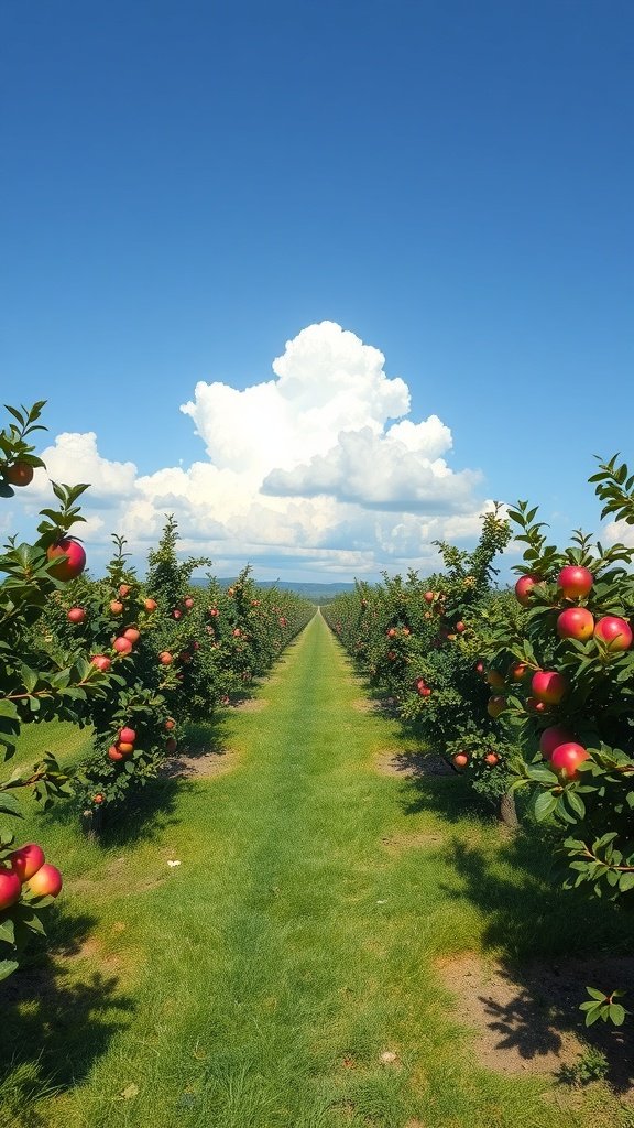 A sunny apple orchard with ripe red apples under a blue sky.
