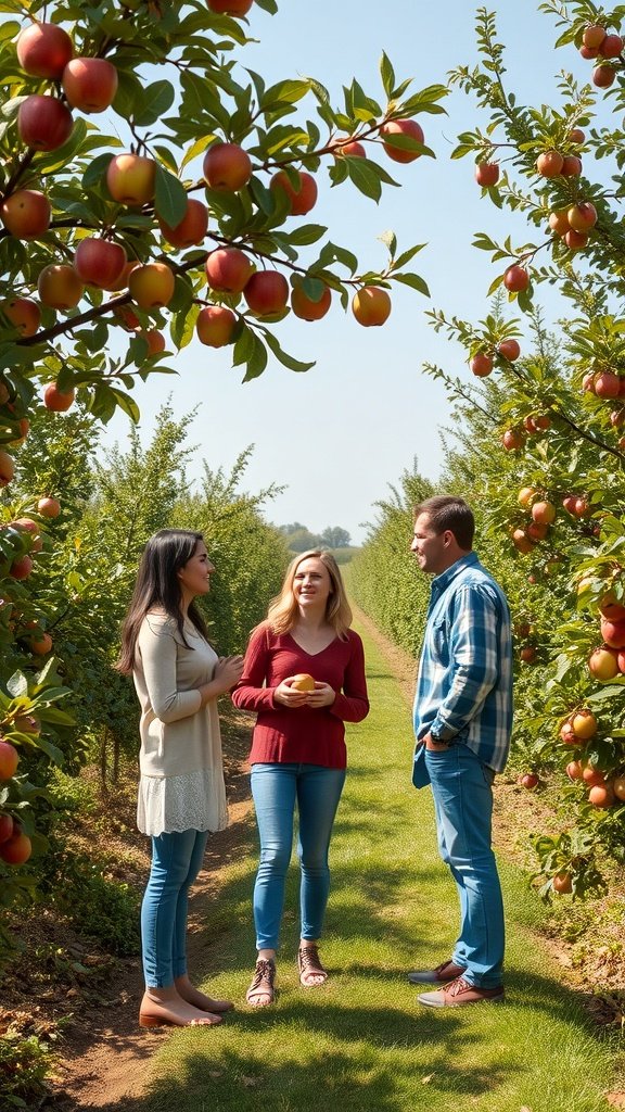 Three friends chatting in an apple orchard with ripe apples on the trees