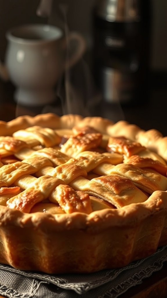 A freshly baked apple pie with a flaky crust, steam rising from it.