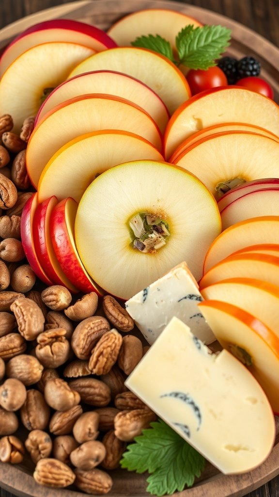 A charcuterie board featuring sliced apples, nuts, and cheese.