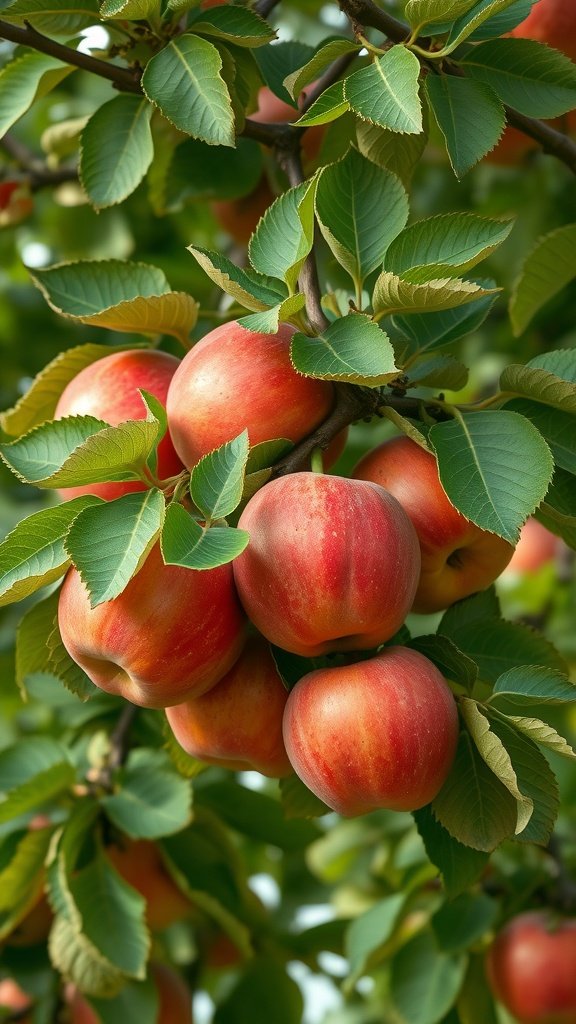 Close-up of red apples hanging from a tree branch surrounded by green leaves