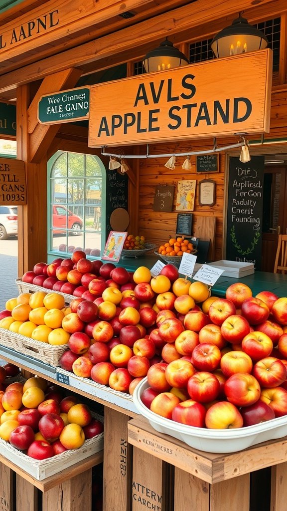 A vibrant apple stand filled with fresh red and yellow apples, showcasing a rustic wooden structure and a welcoming sign.