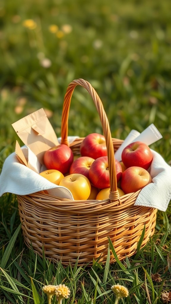A picnic basket filled with red and yellow apples on green grass.