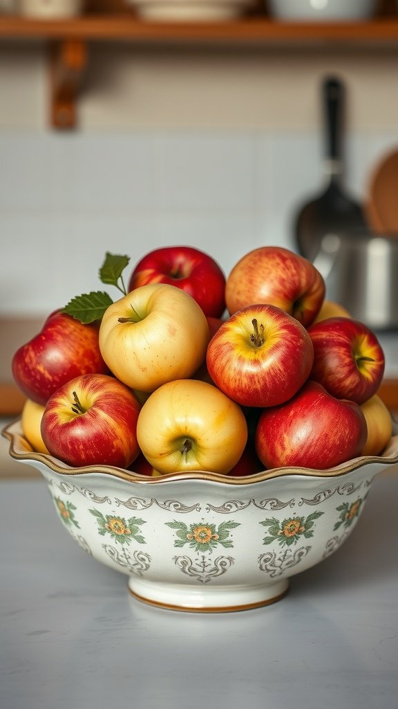 A vintage bowl filled with red and yellow apples on a kitchen counter.
