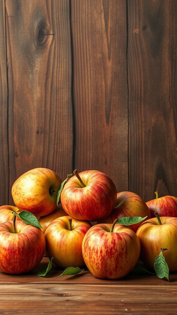 A pile of fresh apples on a wooden background