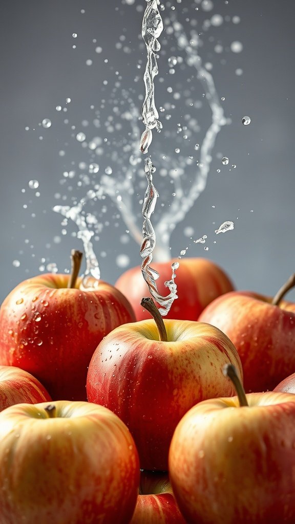 A pile of fresh apples with water splashing over them, showcasing their vibrant colors and freshness.