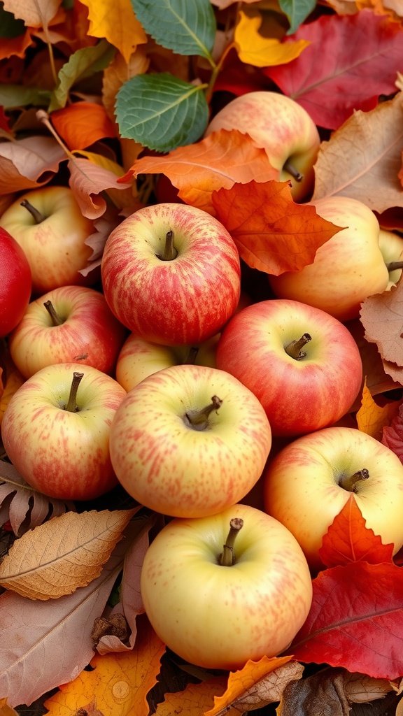 A collection of apples surrounded by colorful autumn leaves.