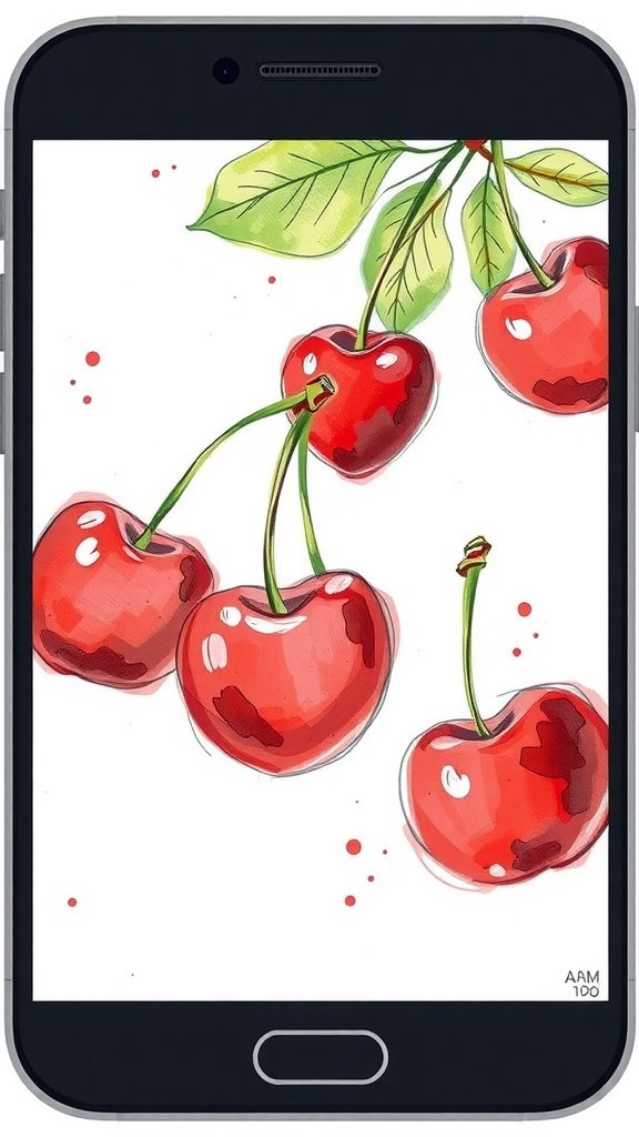 A phone displaying a colorful sketch of cherries with green leaves.