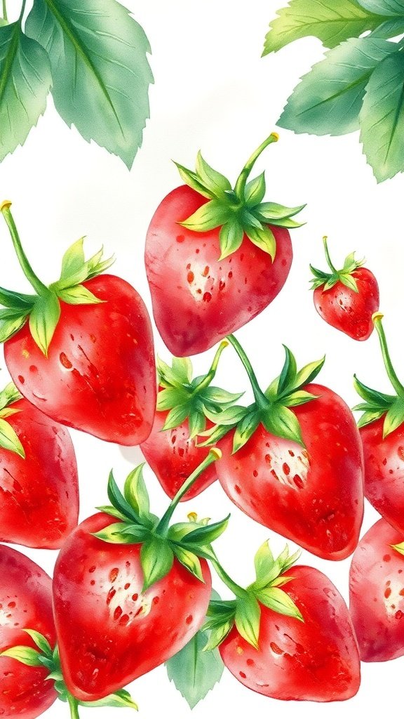 Watercolor illustration of strawberries and leaves