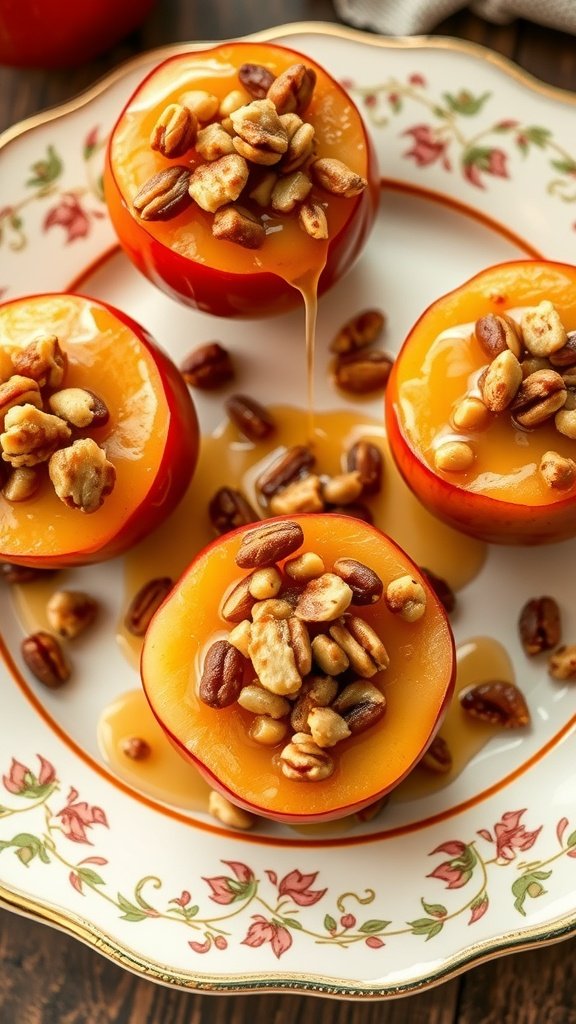 Baked apples with nuts and honey drizzle on a decorative plate