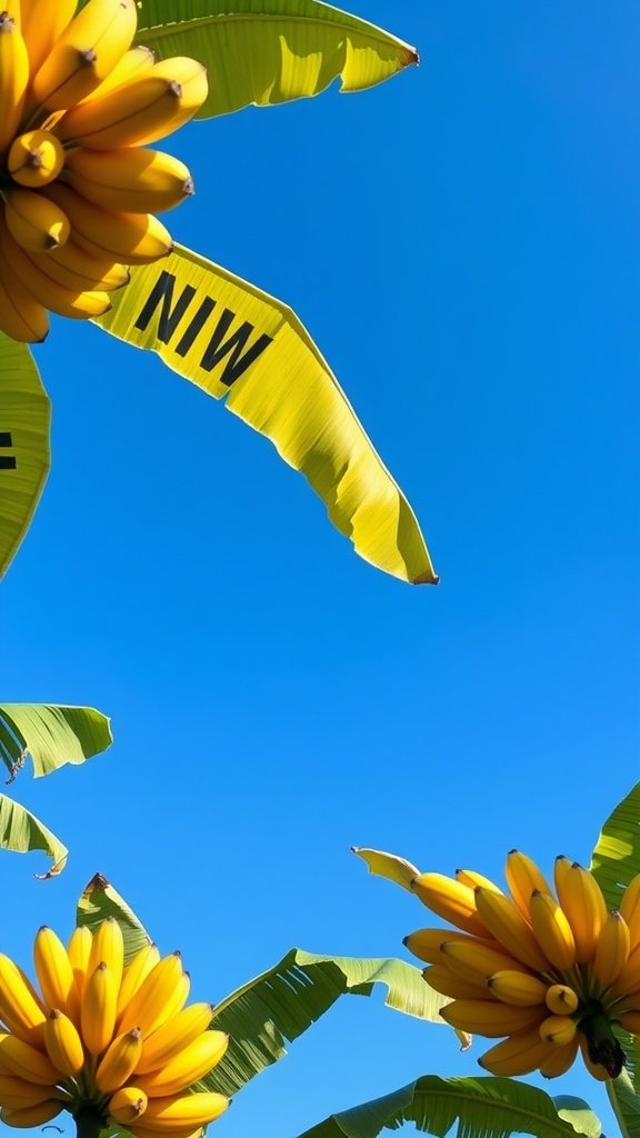 A bright blue sky with yellow bananas hanging from green leaves.