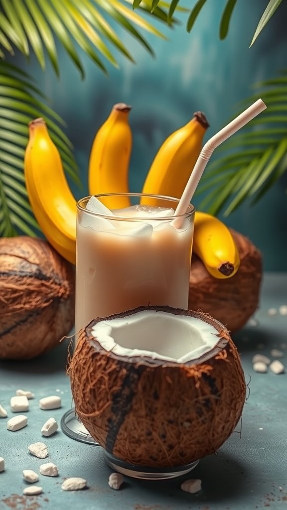 A refreshing drink made with coconut and bananas, surrounded by coconuts and bananas, with palm leaves in the background.