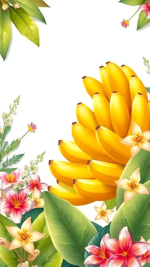 A vibrant banana wallpaper featuring yellow bananas surrounded by colorful flowers and green leaves.