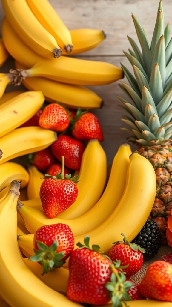A vibrant display of bananas, strawberries, and a pineapple on a wooden surface.