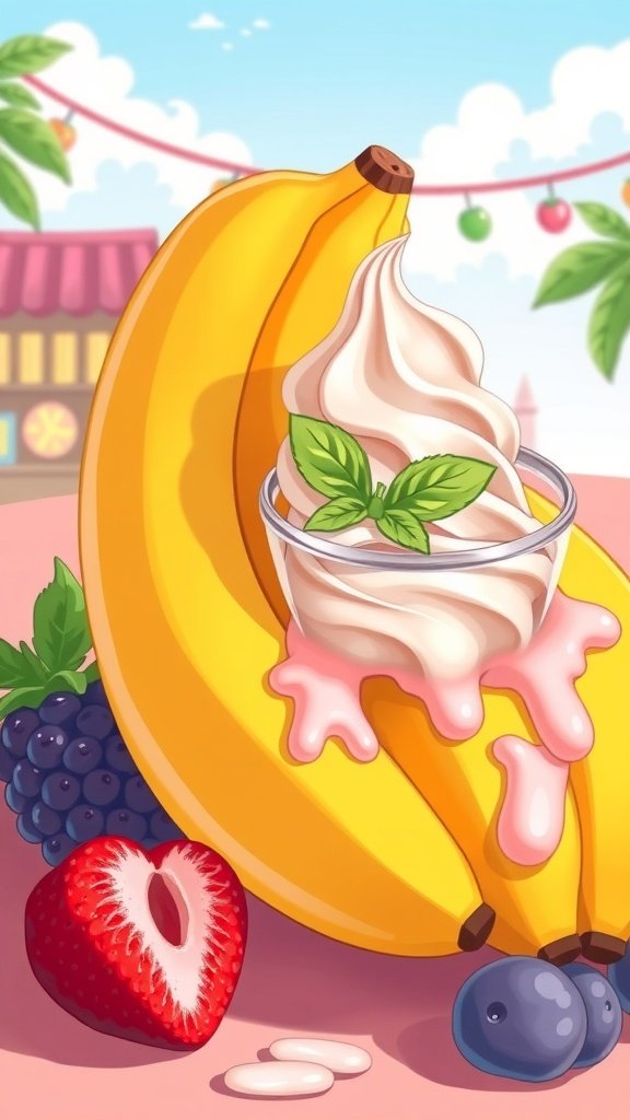 A banana next to a cup of ice cream with mint leaves, surrounded by strawberries, blueberries, and blackberries.