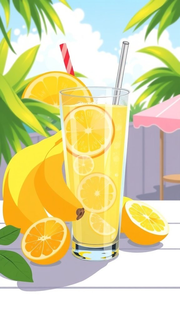 A refreshing glass of lemonade with lemon slices, surrounded by bananas and lemon halves, set against a sunny background.