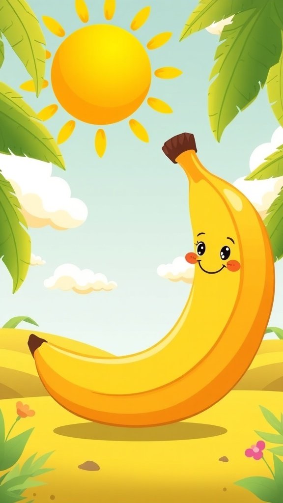 A cheerful banana illustration with a smiling face under a bright sun and green leaves.
