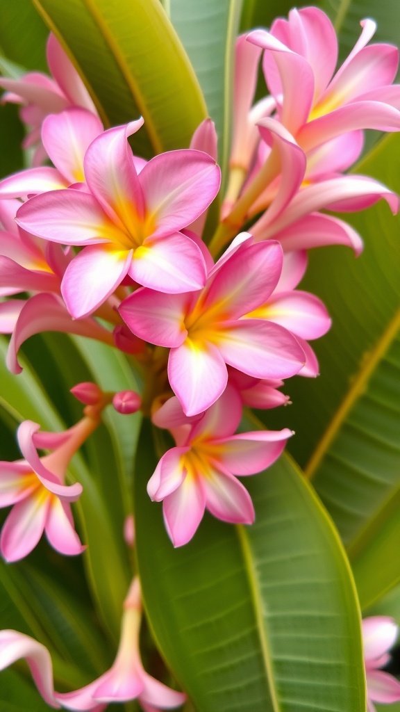Close-up of pink and yellow banana blossoms with green leaves