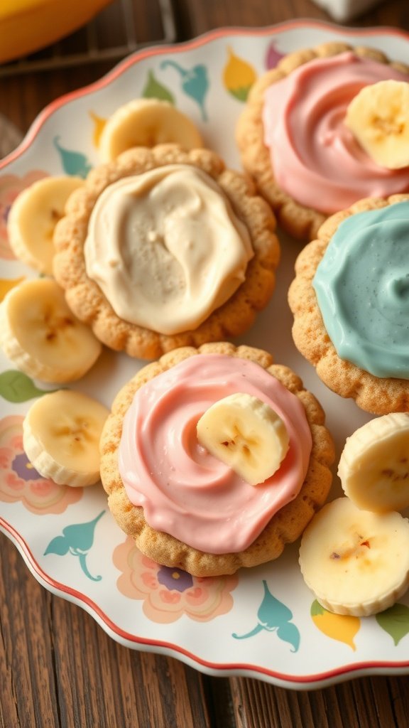 Plate of banana cream gender reveal cookies with pink and blue frosting