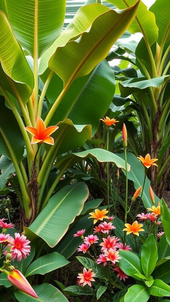 A lush banana garden scene with tall green banana plants and bright orange flowers.