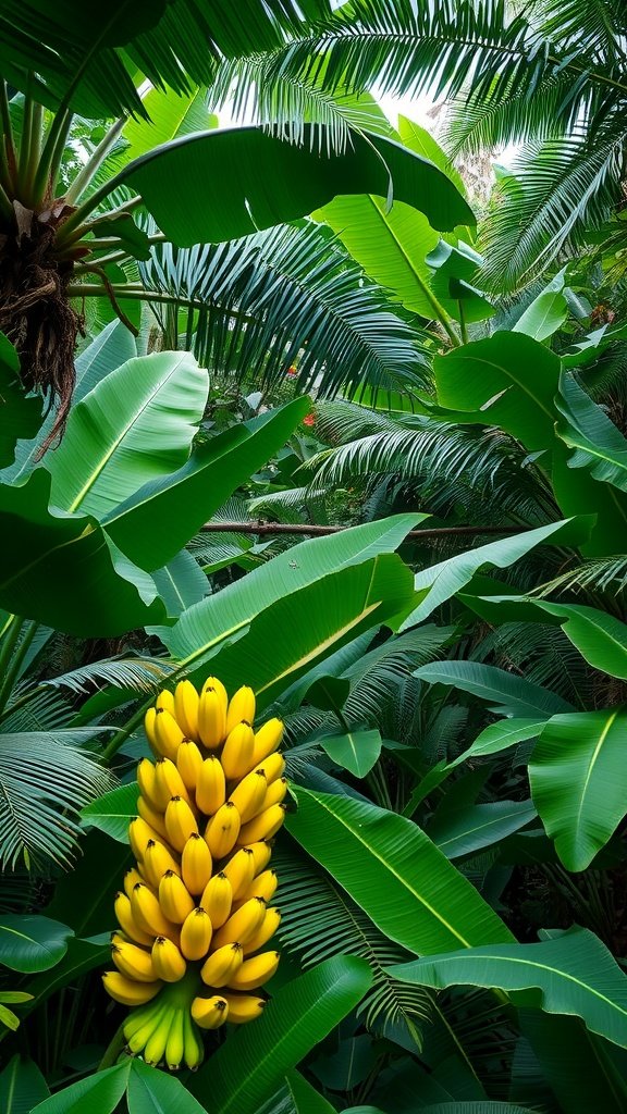 A bunch of bright yellow bananas surrounded by lush green jungle foliage.