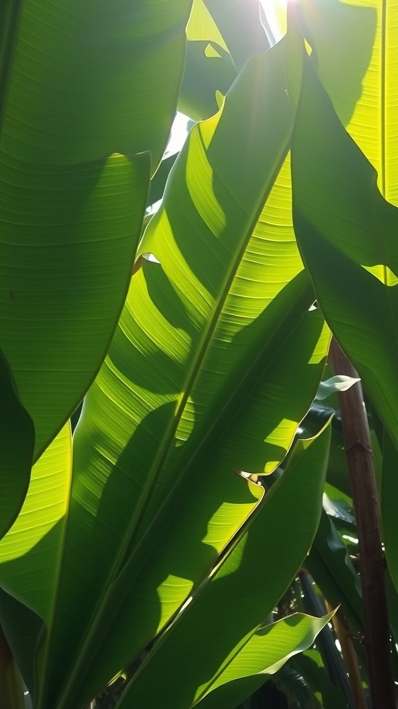 Sunlight shining through large banana leaves