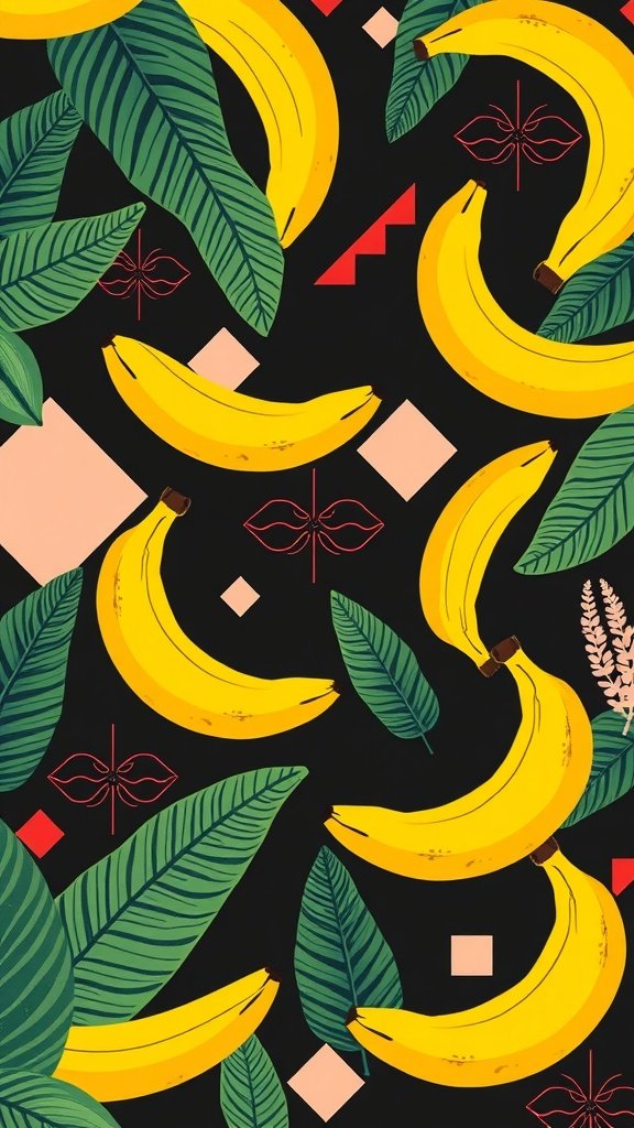 A vibrant banana wallpaper featuring yellow bananas, green leaves, and geometric shapes on a dark background.