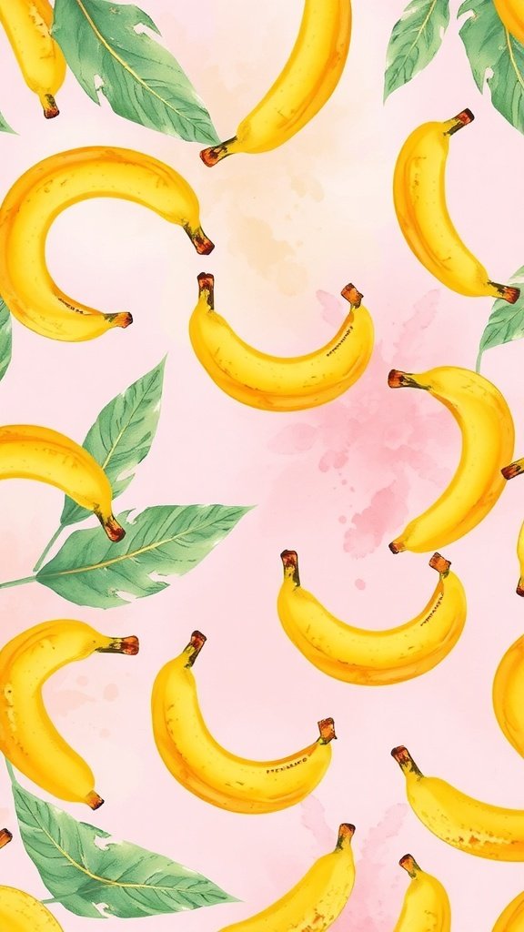 A colorful banana pattern with watercolor effect on a pink background.
