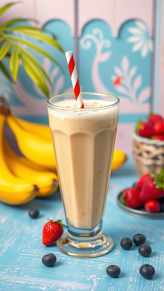 A refreshing banana smoothie in a tall glass with a red and white striped straw, surrounded by bananas, strawberries, and blueberries.