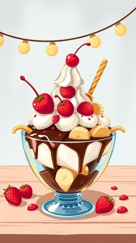 A colorful banana split dessert topped with cherries and strawberries in a glass bowl.