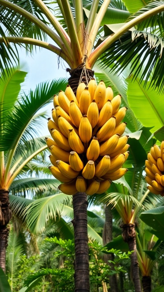 A banana tree with a bunch of ripe bananas surrounded by lush green leaves.