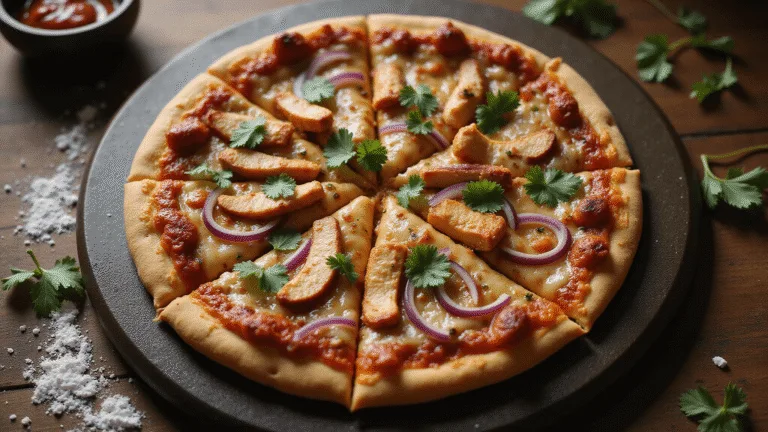 Cinematic overhead shot of BBQ chicken pizza with melted cheese, garnished with cilantro on a textured stone platter, set on a rustic wooden table with extra BBQ sauce and scattered flour.