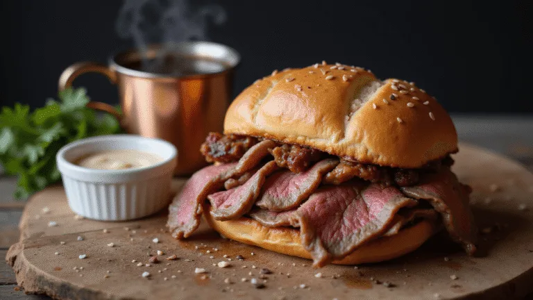 Photorealistic close-up of a Buffalo-style Beef on Weck sandwich with medium-rare roast beef, golden-brown kummelweck roll, creamy horseradish sauce, and au jus on a rustic wooden board, garnished with parsley and caraway seeds, set against a dark moody background.