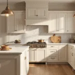 Photorealistic interior of a sun-drenched farmhouse kitchen featuring shaker-style beige cabinets, Carrara marble countertops, a center island with farmhouse sink, vintage brass pendant lights, wide-plank white oak flooring, and styled with ceramic vases of eucalyptus and hydrangeas, captured in soft, golden hour lighting.