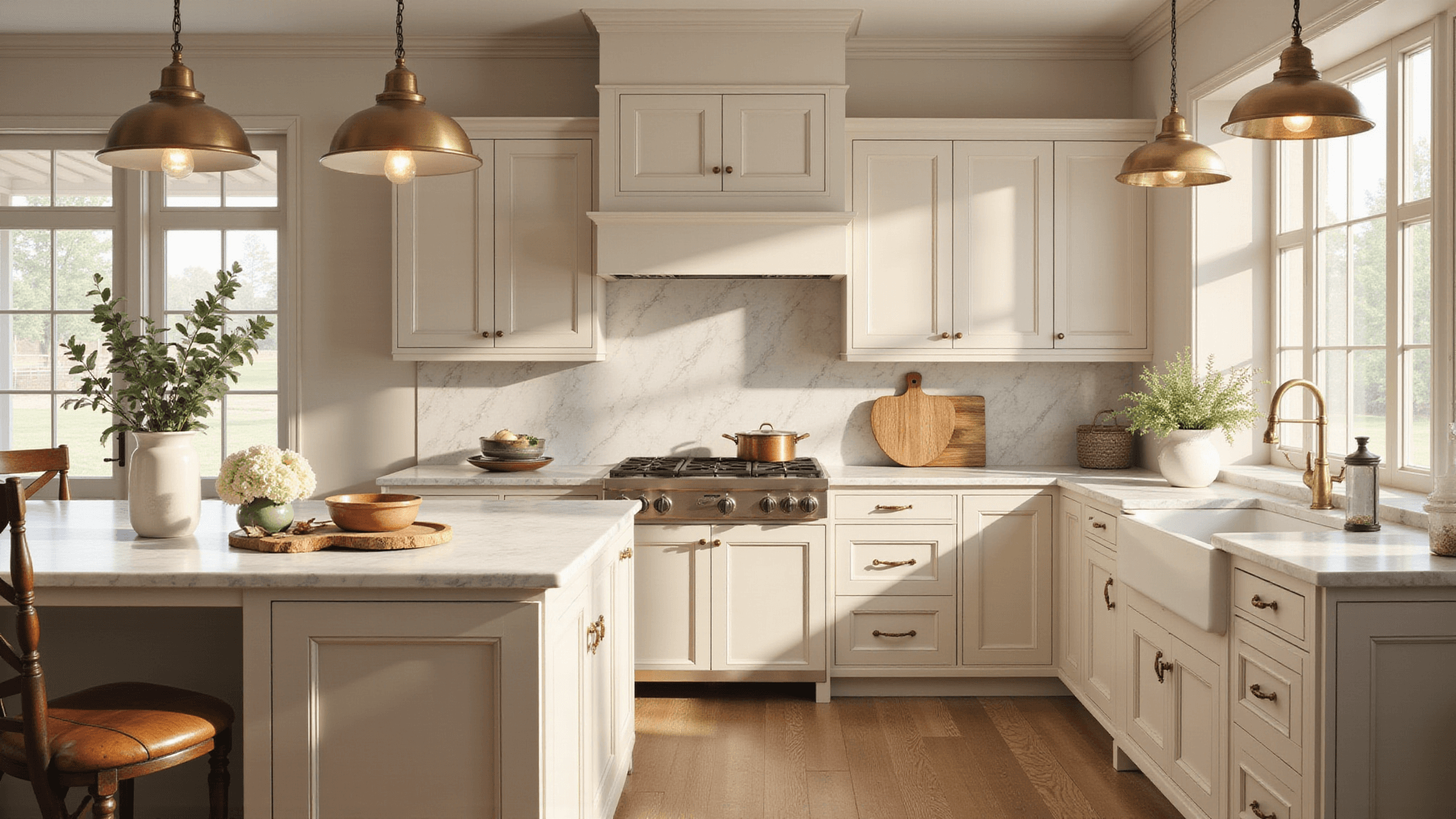 Beige Kitchen Cabinets: Your Ultimate Guide to Timeless Elegance Photorealistic interior of a sun-drenched farmhouse kitchen featuring shaker-style beige cabinets, Carrara marble countertops, a center island with farmhouse sink, vintage brass pendant lights, wide-plank white oak flooring, and styled with ceramic vases of eucalyptus and hydrangeas, captured in soft, golden hour lighting.