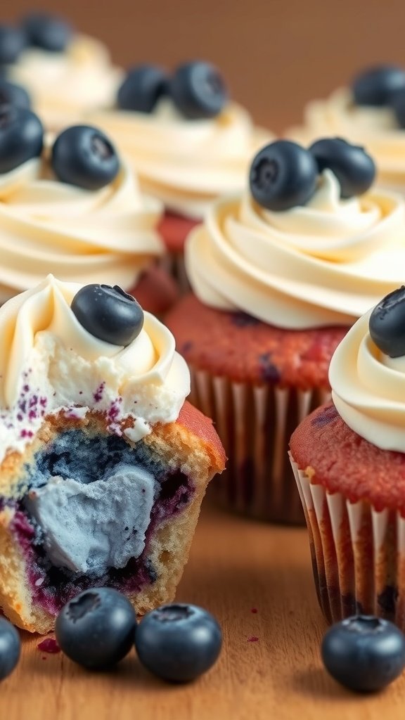 Delicious blueberry surprise cupcakes with creamy frosting and fresh blueberries on top.
