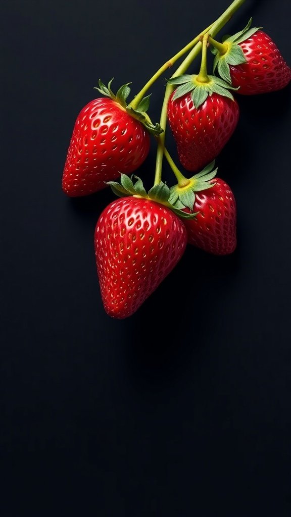 A close-up of fresh strawberries on a dark background.