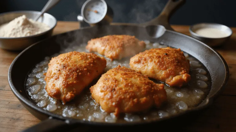 Cinematic close-up of golden-brown buttermilk fried chicken breasts sizzling in a cast iron skillet, with dramatic oil splashes, highlighting the crispy texture and steam, set in a modern rustic kitchen.