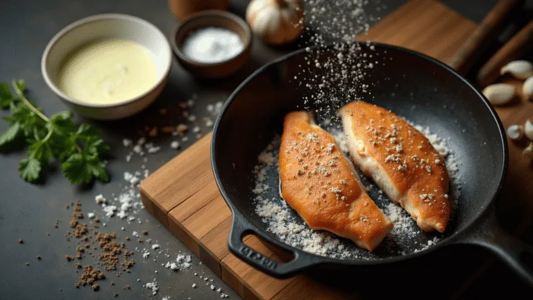 Cinematic overhead view of golden-brown buttermilk fried trout fillets sizzling in a cast iron skillet, surrounded by fresh herbs, garlic, and seasoning on a rustic wooden cutting board, with dramatic side lighting and deep shadows emphasizing texture.