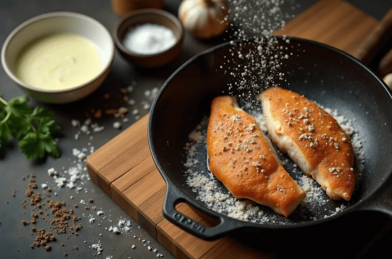 Cinematic overhead view of golden-brown buttermilk fried trout fillets sizzling in a cast iron skillet, surrounded by fresh herbs, garlic, and seasoning on a rustic wooden cutting board, with dramatic side lighting and deep shadows emphasizing texture.