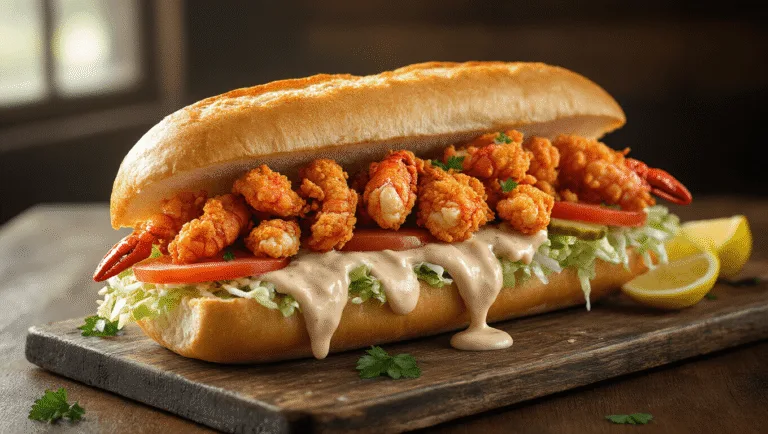 A massive Louisiana Po' Boy sandwich filled with crispy breaded crawfish tails and drizzled with remoulade, served on a rustic wooden board. The sandwich features vibrant tomato slices, shredded lettuce, and pickle chips, garnished with parsley and lemon wedges, with a bottle of hot sauce and Cajun spices blurred in the background.
