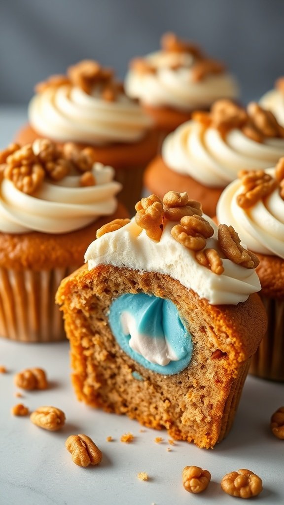 Carrot cake gender reveal cupcakes with cream cheese frosting and a blue filling