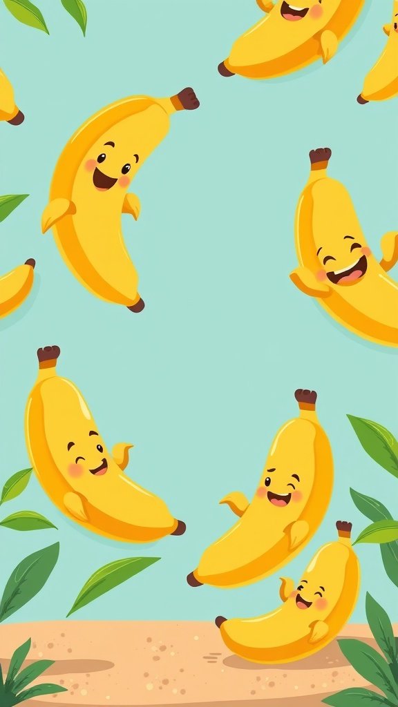 Colorful cartoon bananas with happy faces on a light blue background