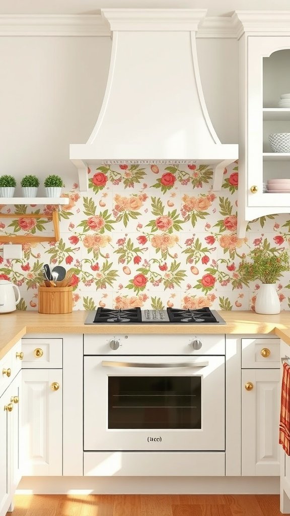 A tiny cottage kitchen featuring a floral backsplash, white cabinets, and wooden countertops.
