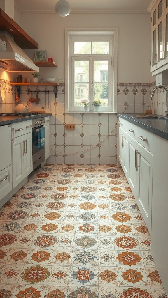 Charming tile patterns in a tiny cottage kitchen with colorful floral designs on the floor.