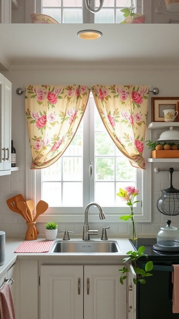 A cozy cottage kitchen with floral curtains and a bright window.
